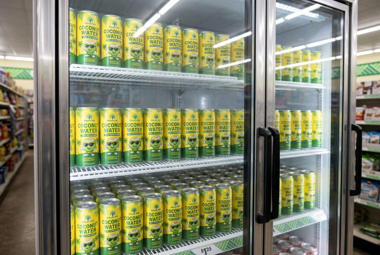 Dollar Tree cooler door packed with green and yellow coconut water cans