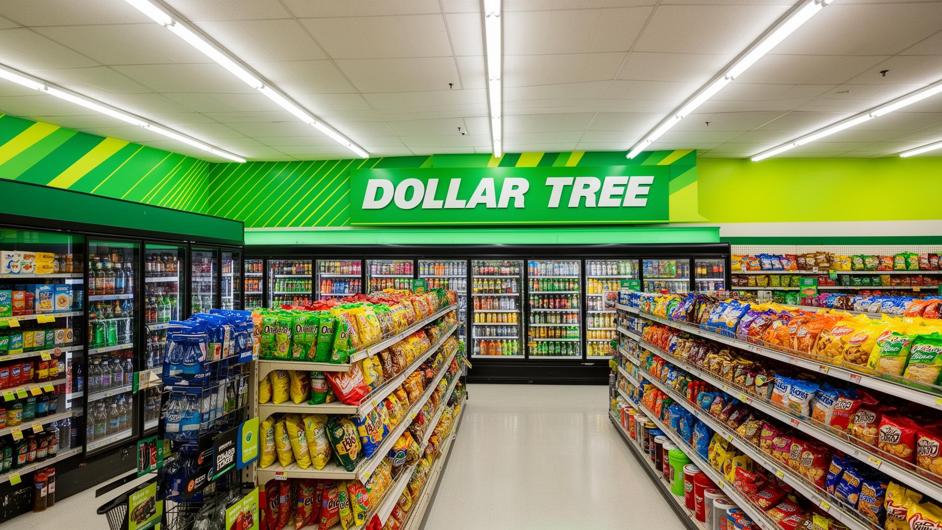 Dollar Tree store interior with beverage coolers and snack aisles